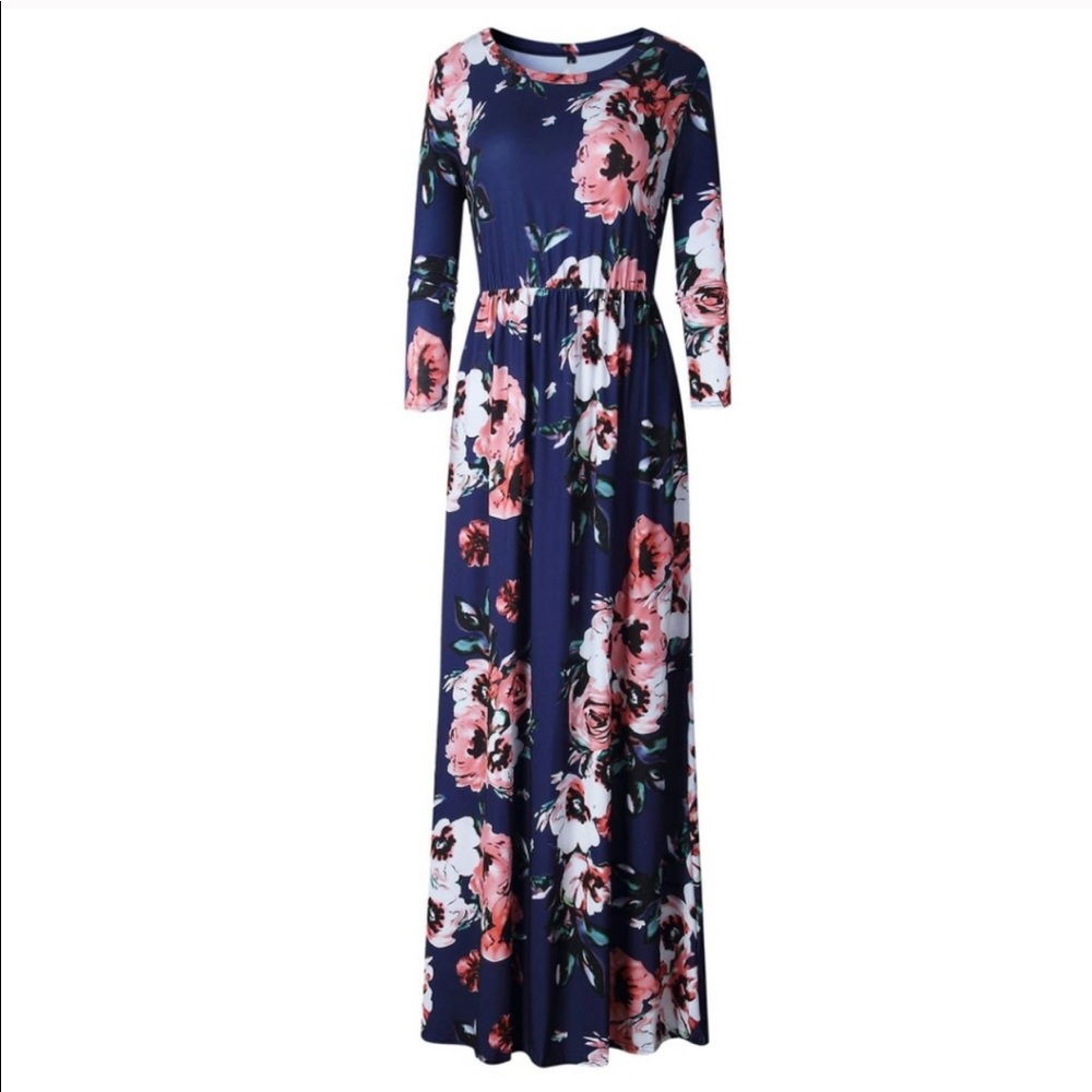Navy Floral Print 3/4 Sleeve Maxi Dress w/ Pockets
